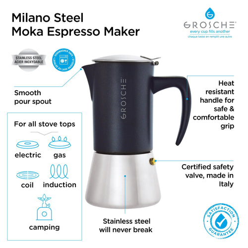 Grosche Milano Stovetop Espresso Maker - Steel Black/10 cup/16.9 oz