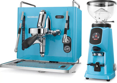 Sanremo Cube R Espresso Machine - Blue + Sanremo AllGround Burr Grinder - Blue