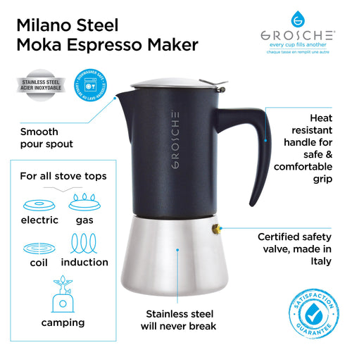 Grosche Milano Stovetop Espresso Maker - Steel Black/6 cup/9.3 oz 