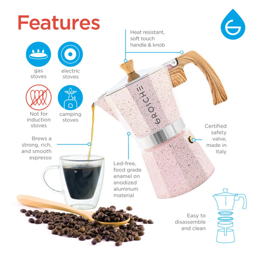 Grosche Milano Stovetop Espresso Maker - 3 cup / 5oz - Sparkling Pink 